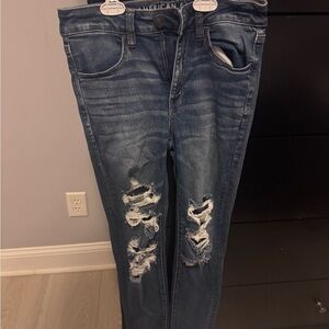 American Eagle Outfitters Women's Dark Blue Ripped Skinny Jeans